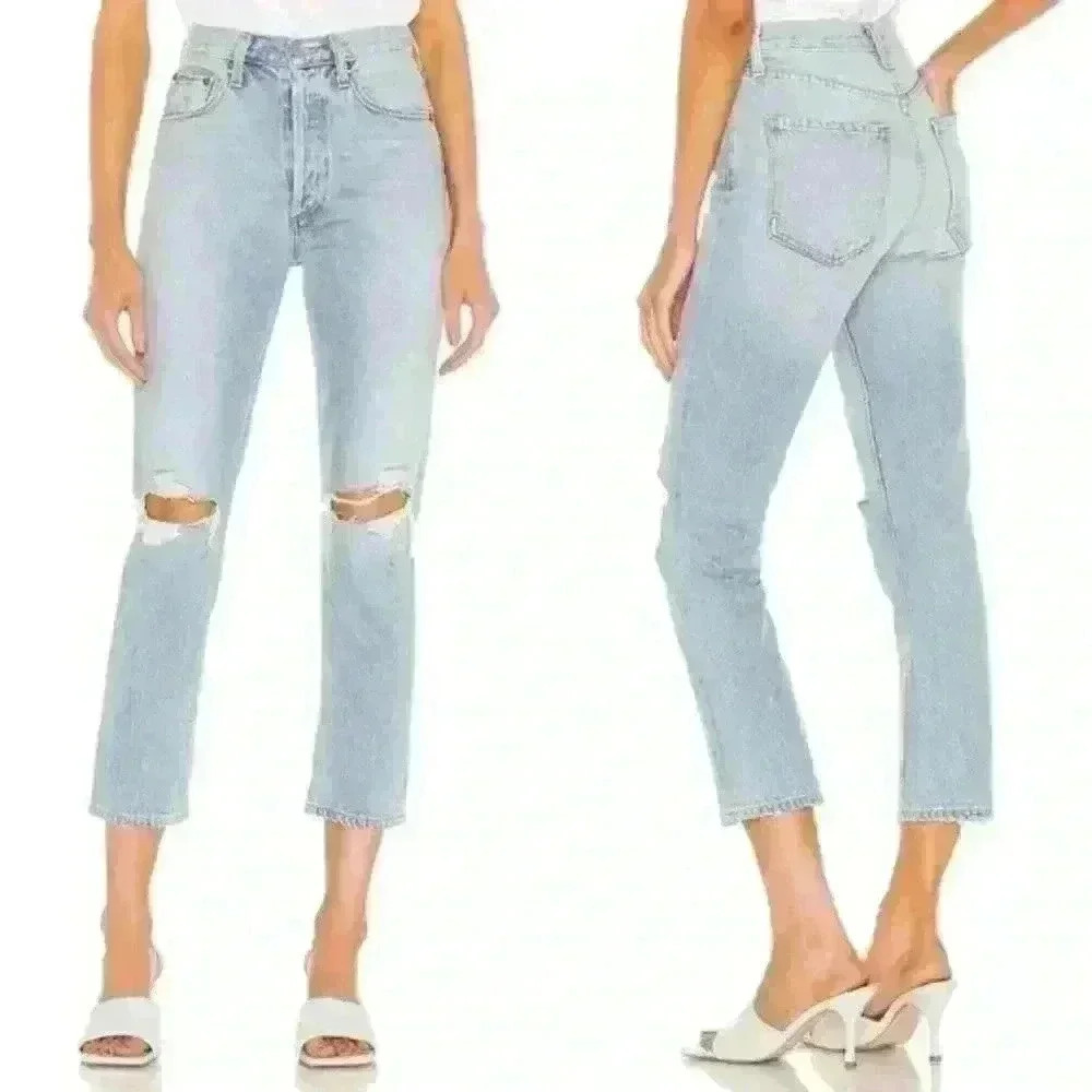 Agolde jeans riley high rise straight crop clear skies blue distressed size 24